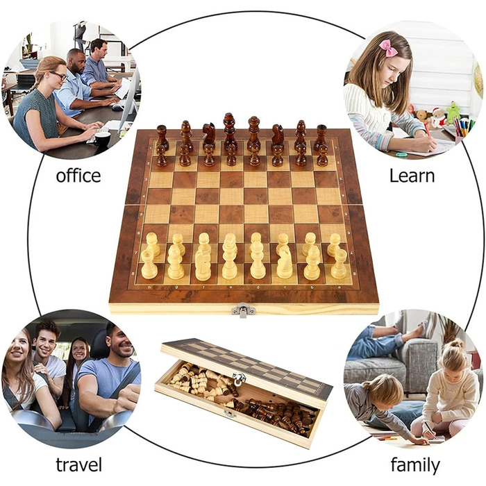 Дерев'яний шаховий набір 3 в 1, складаний, міжнародні шахи, для подорожей, вечірок, сім'ї, дітей та дорослих, 39x39 см