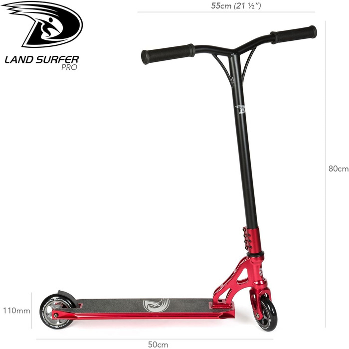Трюковий самокат Land Surfer PRO X для дітей від 8 років і підлітків, 360° дека, 100 мм PU-колеса ABEC-9, для просунутих трюків, хромований червоний