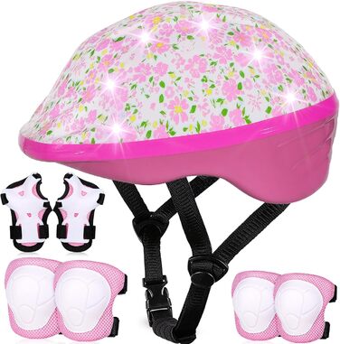 Дитячий шолом та набір захисту (3-8 років), рожевий, з LED-ліхтариками, для велосипеда та скейтборда