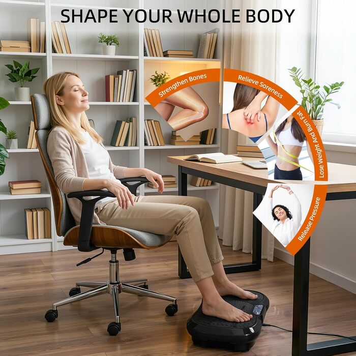 Вібраційна платформа TLGREEN з надтихим мотором, 120 рівнів + 10 програм тренувань, з пультом дистанційного керування, тренувальні гумки, для тренувань всього тіла, схуднення, L-59x34x13cm, чорний