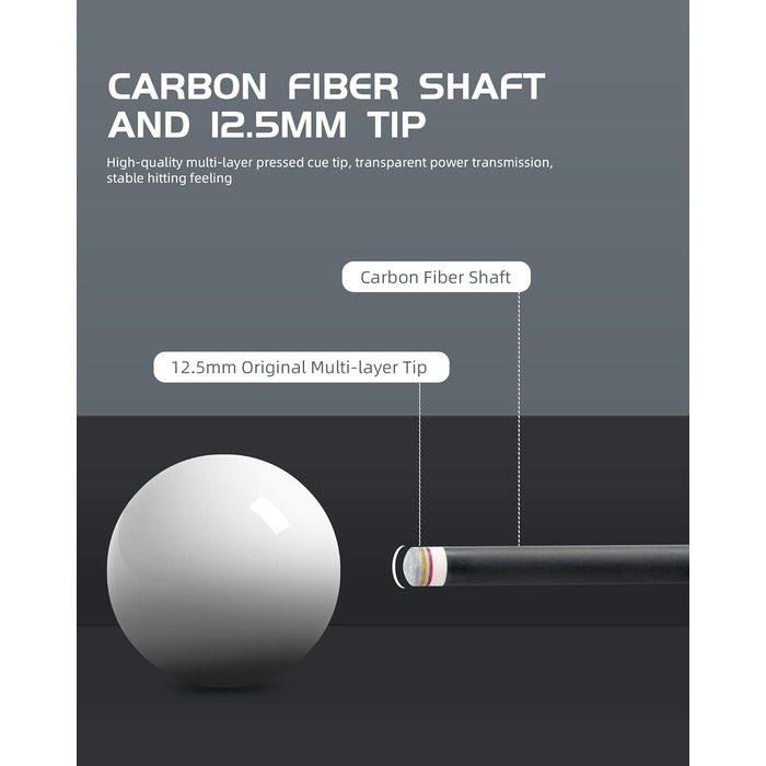 Більярдний кий CRICAL з карбону, 147,3 см, професійний, з'єднання 3/8 x 8, наконечник 12,5 мм, COWCUE-02