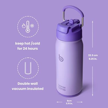 Фляга для води BOTTLE BOTTLE з нержавіючої сталі 473 мл з трубочкою та відділенням для пігулок - BPA Free - для університету, школи, спорту, дитячого садка (фіолетова)