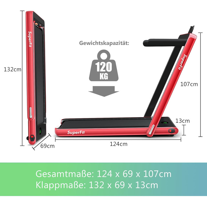 Бігова доріжка COSTWAY 2-в-1, складана, 2,25 к.с., з APP, Bluetooth, пультом, 1-12 км/год, під стіл, для дому, червона