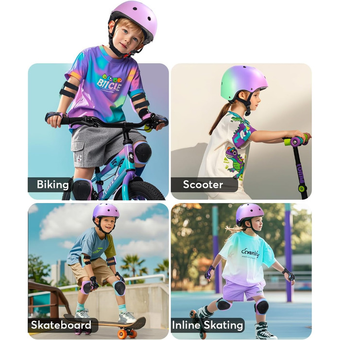 Набір захисту Kinderhelm 7-in-1: шолом, наколінники, налокітники, захист зап'ястя. Рожевий, фіолетовий, зелений