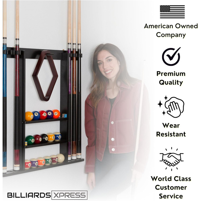 Тримач для кия для більярду Pool-Queue-Regal з 16 тримачами для куль та 6 шт. крейди, чорний