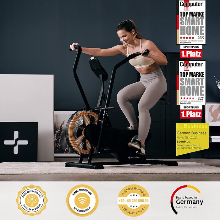 Велотренажер SportPlus Profi Air Bike з повітряним опором, сумісний з додатком, для HIIT, розумний комп'ютер, до 135 кг, чорний/жовтий