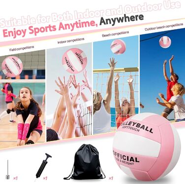 Волейбольний м'яч Aipwerer: для тренувань, пляжу, залу. Водостійкий, Soft Touch, рожевий. У комплекті насос та сумка