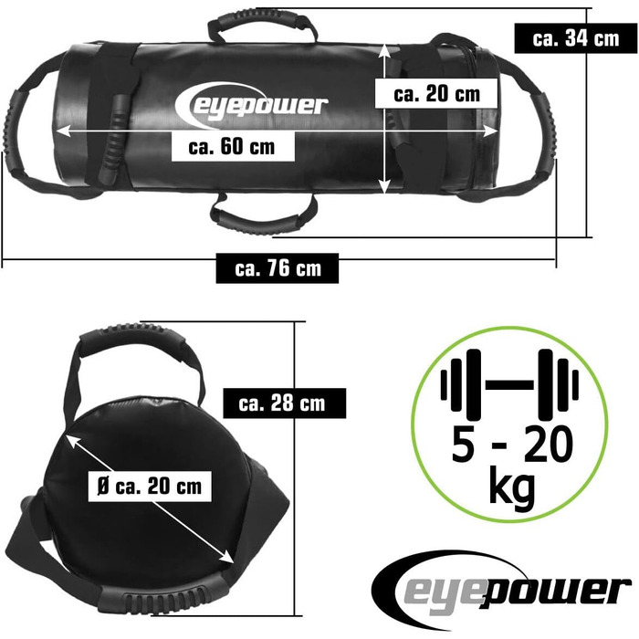 Eyepower професійний силовий мішок 20 кг + 4 водонепроникні кеглі з залізним піском, 6 ручок, фітнес сендбег для дому, тренажер для преса та спини, чорний