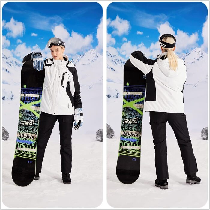 Жіноча водонепроникна куртка WULFUL для сноубордингу та катання на лижах, зимова куртка з відстібаною капюшоном, білий та чорний колір