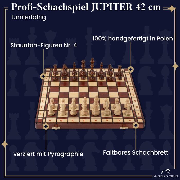 Дерев'яна шахова дошка з фігурами 'Jupiter', 42 см, ручної роботи, турнірний набір, складаний, для дітей та дорослих, зважені фігури
