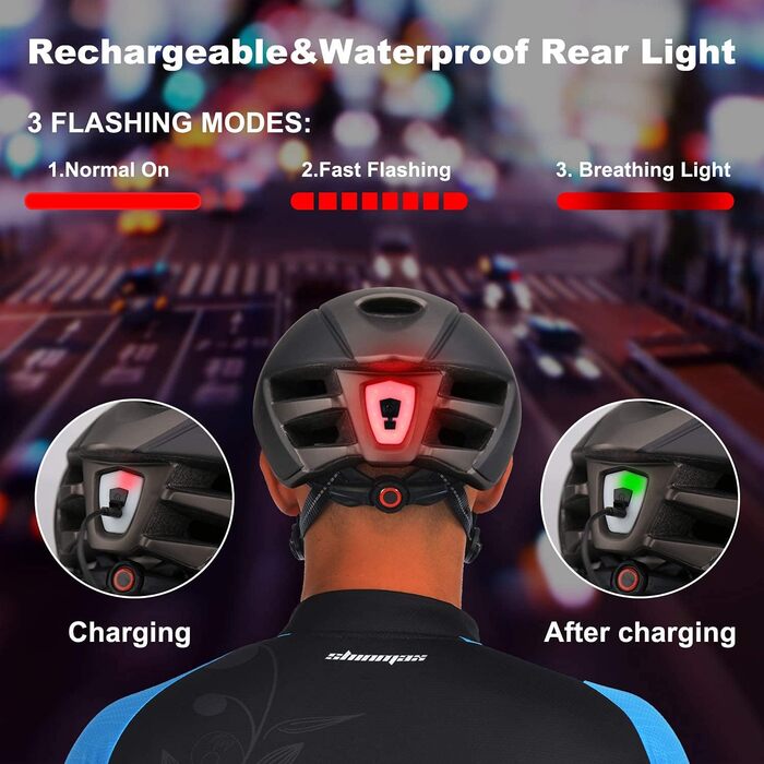 Велосипедний шолом Shinmax з LED-підсвіткою, USB-зарядка, знімне магнітне візор, легкий міський/MTB шолом для дорослих, регульований, дихаючий, 57-62 см, чорний титан