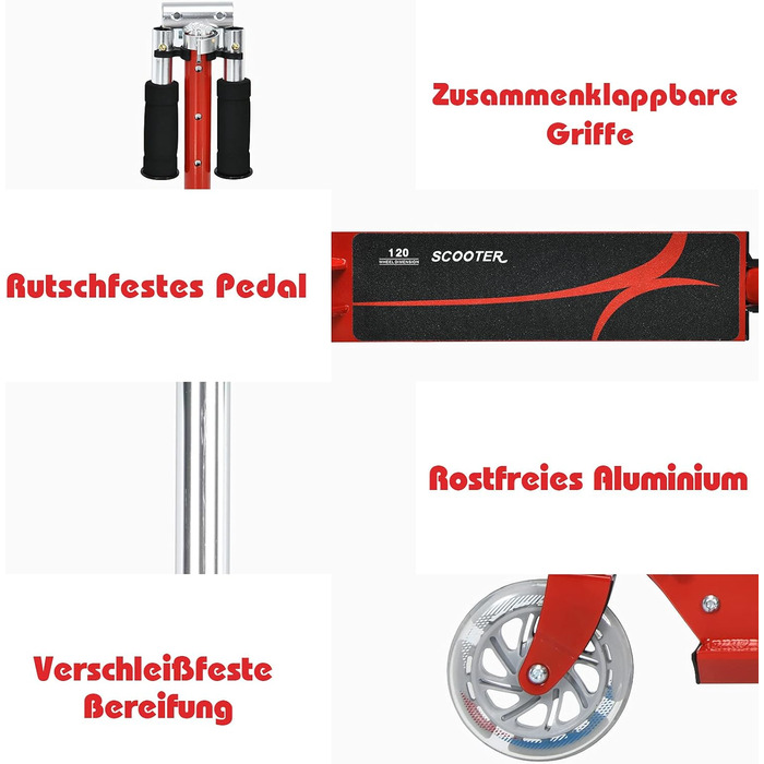 Дитячий ролер Costway з LED-колесами, для дітей від 4 років, до 70 кг, регульована висота, ролер-кіксктер для хлопчиків та дівчаток (червоний)