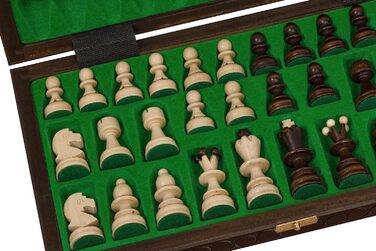 Шахи Sunrise Chess & Games Schachperle середні, традиційні польські фігури, випалене та розписане вручну шахове поле, дерев'яна шкатулка з відділеннями, коричневі