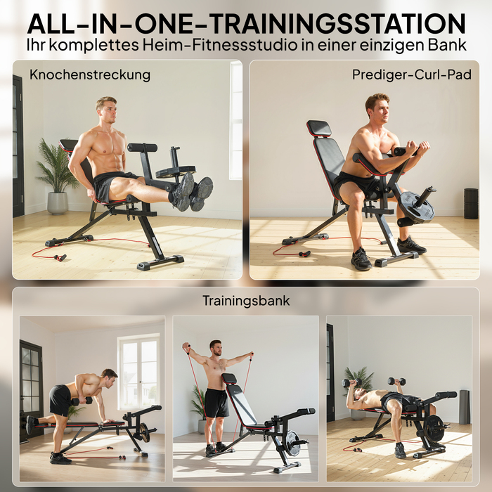 Регульована лава для жиму з вагою до 300 кг 3-в-1: лава для жиму, тренажер для ніг та пулт для згинання ніг. Оснащена роликами, підголівником та еластичними стрічками опору.