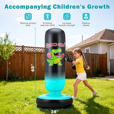 Дитячий боксерський мішок з боксерськими рукавичками та насосом, 165 см, стабільний динозавр та мішень, 2 в 1, надувний боксерський мішок для дітей, комплект для тренувань, подарунок для хлопчиків та дівчаток 3-12 років