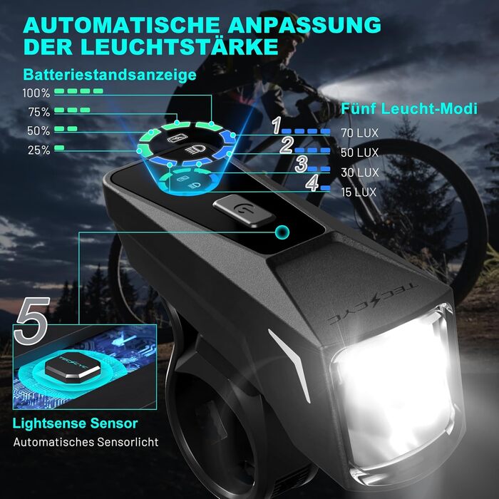 Велофара TECHCYC з датчиком освітлення, LED, до 70 Люкс, StVZO, USB, IPX6, 2500 mAh (передня) & 300 mAh (задня)