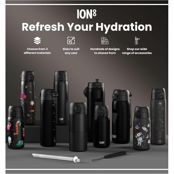 Сталева термобутилка Ion8 Evo чорна, герметична пляшка для води з клапаном One-Finger, кришкою-клапаном та ручкою, підходить для підстаканників, підходить для посудомийки