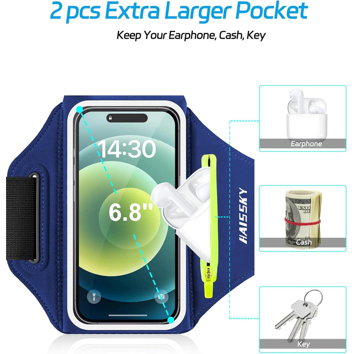 Спортивна сумка для телефону на руку Razobws з відділенням для навушників, підходить для iPhone 17 16 15 14 13 12 11 Pro Max, Galaxy S24 S23 Ultra, чорний/морський блакитний (до 6.8 дюймів)