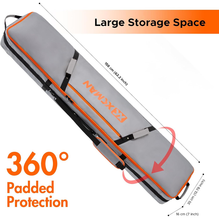 Чохол для сноуборду XCMAN для подорожей літаком – повністю м'який, водонепроникний, для сноуборду та черевиків (сірий, 158 см)