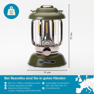 Ліхтар намету Skandika Forsol LED Retro стиль | Акумулятор 4400mAh, регулювання яскравості, для кемпінгу, саду, декору, піших прогулянок, зелений