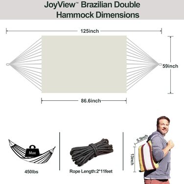 Гамак бразильський подвійний JoyView з мотузками, 220x150 см, бавовна, для тераси, саду, веранди, вантажопідйомність 204 кг, білий