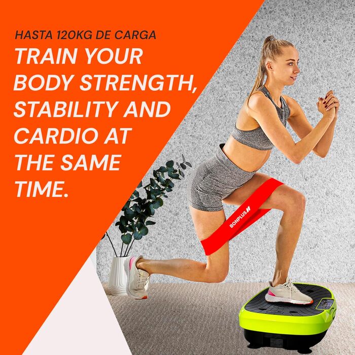 Віброплатформа Bonplus BP з сидінням для фітнесу: схуднення, тонізування м'язів, 3000 тренувань, базові вправи, еластичні стрічки