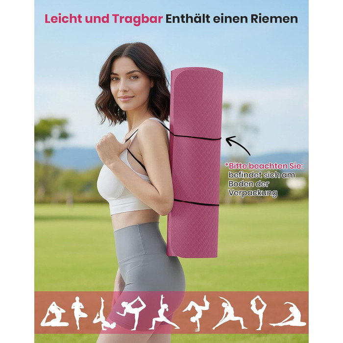 Йога-килимок Narwhal протиковзкий з TPE для фітнесу, пілатесу та тренувань, з ременем для перенесення, 183 x 61 x 0.6 см, колір слива-рожевий