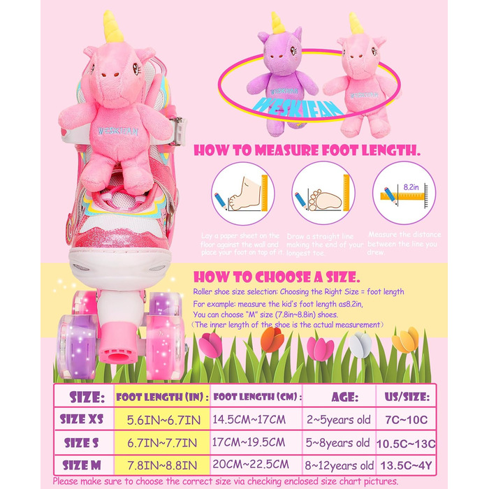 Дитячі ролики Kinder Einhorn для дівчаток, 4 розміри, регульовані, з підсвічуванням, ролики Quad для початківців, подарунок на Різдво/День народження (S(30~33), Рожевий)