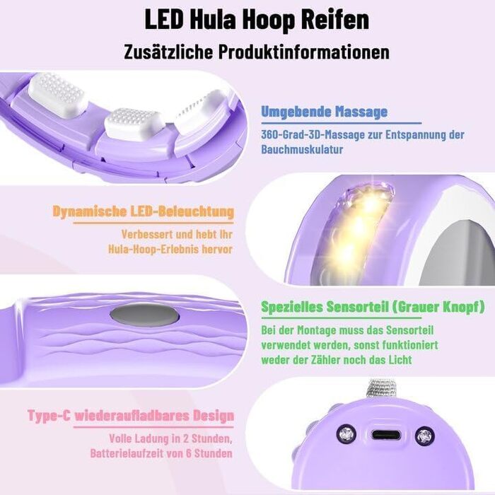 Смарт хулахуп Cozylady для дорослих з LED-підсвіткою, 121 см, із вагою, тихий і міцний, для схуднення, фіолетовий