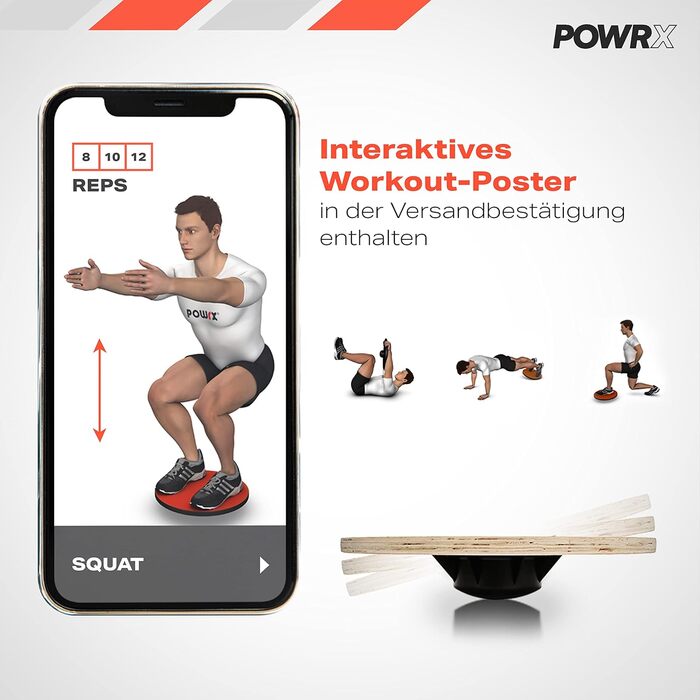 Дерев'яна баланс-дошка POWRX - тренажер для рівноваги | Фізіотерапевтичний обертовий тренажер з комплектом вправ, Wackelbrett для дорослих та дітей