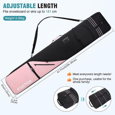 Водонепроникний сноубордистський мішок для перевезення в літаку, повний захист для сноуборду, черевиків, одягу, шолому та спорядження, регульована довжина (157-181 см), рожевий колір