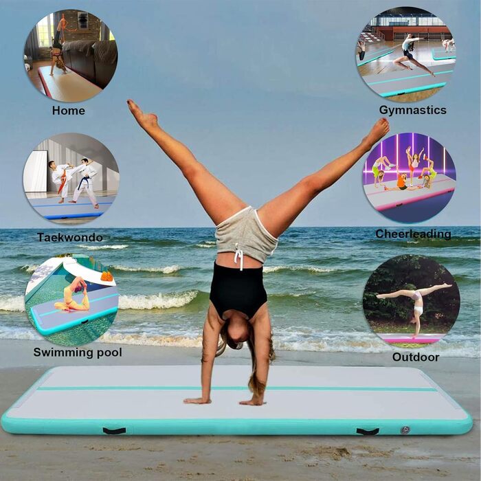 Надувний гімнастичний мат для дому, 300x100x10 см (м'ятно-зелений)