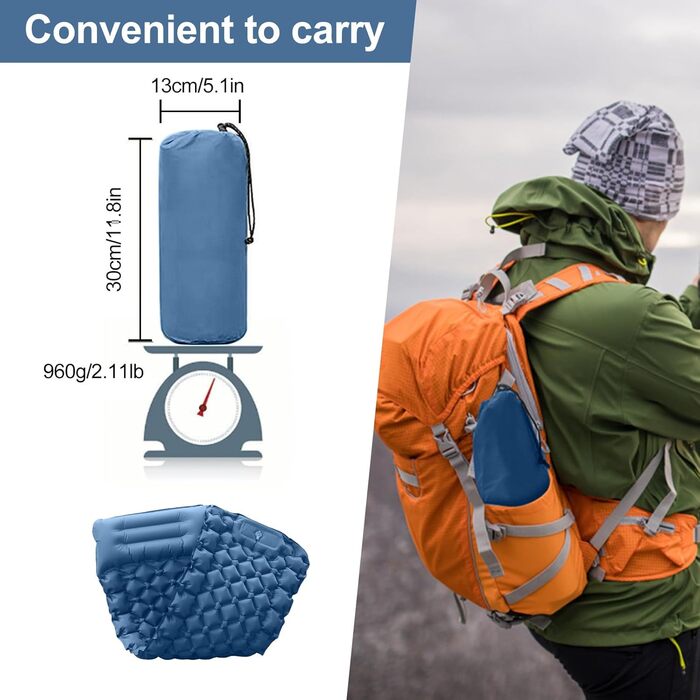 Саморозгортальний килимок для кемпінгу Podazz - ультралегка спальна матрац з подушкою, 10 см товщина, водонепроникний, з вбудованим насосом для туризму (блакитний)