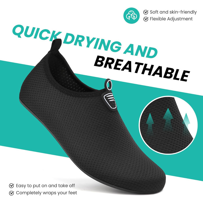 Чоловічі та жіночі аквашузи для плавання та відпочинку на пляжі. Легкі, швидковисихаючі, з антиковзким покриттям. Розмір 41 EU, чорний колір