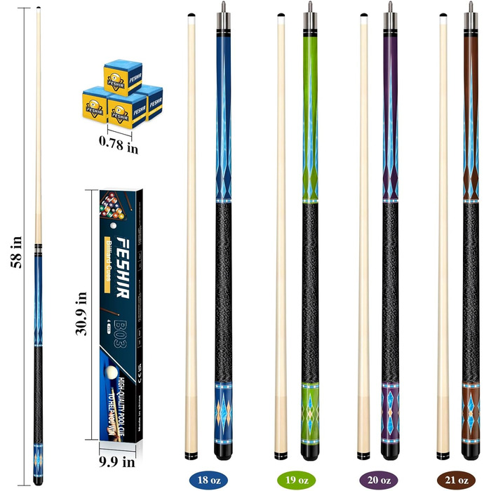 Набір кийків для більяру FESHIR (4 шт.) з преміум-мапи, крейда для кийків, 58''