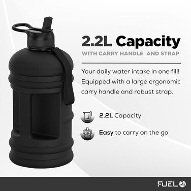 Fuel24 Кругла спортивна пляшка для води 2,2 л з носиком або трубочкою, міцний гнучкий матеріал, BPA-free, ударостійка
