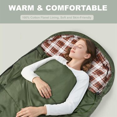 Спальний мішок Baumwoll-Flanell для дорослих, 100% бавовна, для кемпінгу, трекінгу, подорожей з рюкзаком, легкий, 3-4 сезони (зелений/коричневий)