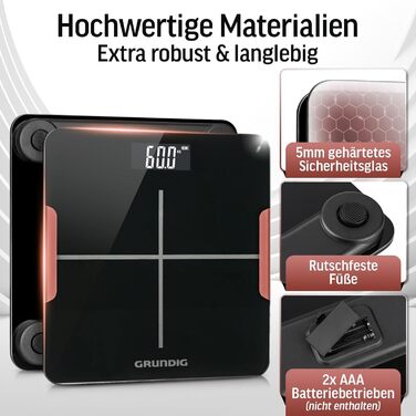 Ваги Grundig: цифрова персональна вага до 180 кг з високоточними сенсорами, LCD-дисплей, чорний колір (без батарейок)