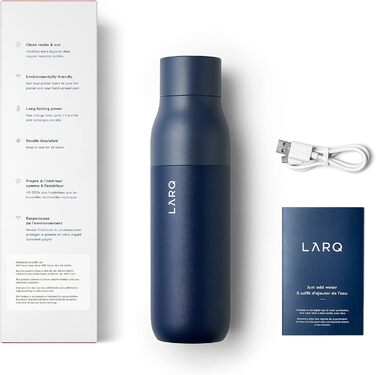 LARQ Bottle PureVis 500 мл – самочищувальна ізольована пляшка з нержавіючої сталі з UV-очищенням води, преміальний дизайн, для подорожей, багаторазова, синя