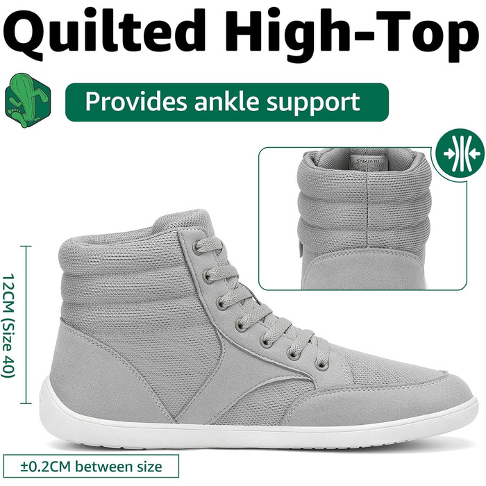 Черевики Saguaro Unisex Barfußschuhe High-Top з широкою передньою частиною та платформою Zero-Drop, розмір 36-48 (Сірий)