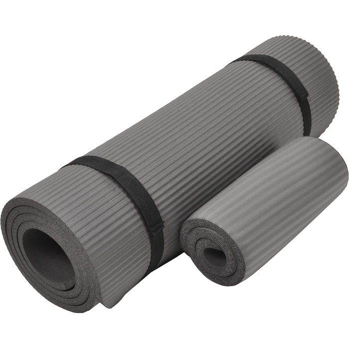 Килимок для йоги BalanceFrom GoYoga+ 1/2 дюйма, високої щільності, проти розривів, з ремінцем і підкладкою для колін, сірий
