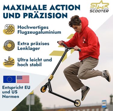 Трюковий самокат STAR SCOOTER Pro Sport для дітей від 7 років та дорослих, алюмінієвий, HIC, колеса 110/120 мм, чорний і золотий