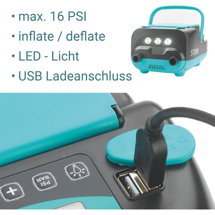 GLORY BOARDS® Storm - електричний насос для SUP з акумулятором, 20 PSI, 4 дошки, LED-ліхтар, USB-зарядка, 6 адаптерів