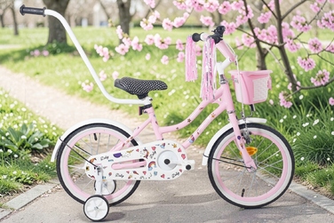 Дитячий велосипед 16 дюймів для дівчинки з ручкою-штовхачем, бічними колесами та кошиком Kimet