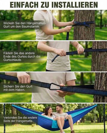 Туристичний гамак для кемпінгу та відпочинку на свіжому повітрі, ультралегкий нейлоновий гамак з карабінами та ременями для дерев, 270 x 140 см, синій
