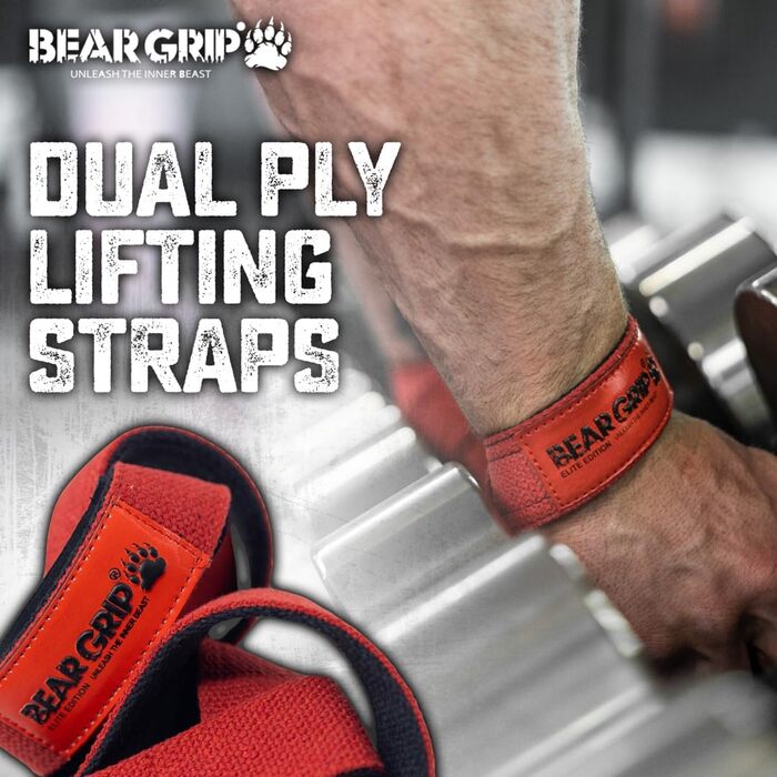 BEAR GRIP – Преміальні двошарові лямки для тяги Elite Edition, червоні