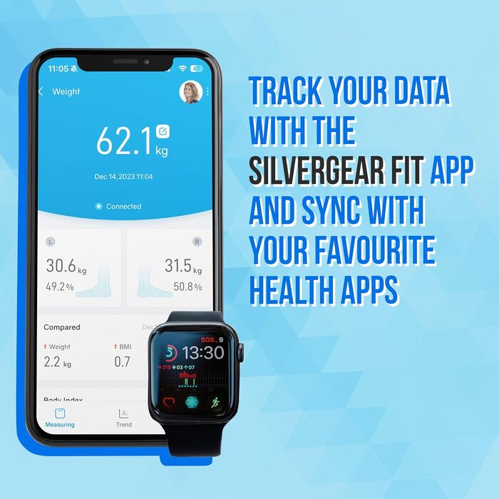 Преміум вага-аналізатор Silvergear® з Bluetooth та додатком, для аналізу складу тіла: вимірювання жиру, ІМТ, м’язової маси, води, кісткової маси, BMR і пульсу, чорна