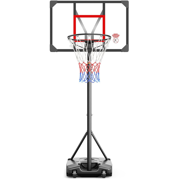 Баскетбольний кошик вуличний дитячий/підлітковий на колесах, регульована висота 147-260 см, з полікарбонатною щитом 82x53 см та розширеною основою, чорно-червоний