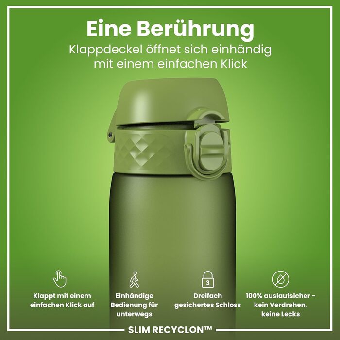 Фляга Ion8 Trinkflasche, Зі зручним клапаном, Безпечна, Легко миється, BPA-Free, З ручкою, З кліпсою, Екологічна, Рожевий (Evo, Хакі)