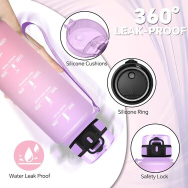 Спортивна пляшка для води 1 літр, без витоку, з позначками часу, для велосипеда, школи, офісу, фітнесу (1500 мл, Ірис-рожевий)